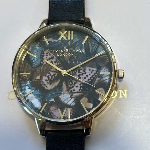 OLIVIA BURTON WATCH WITH 38mm BLACK FACE WITH BUTTERFLYS & BLAK BAND - Picture 1 of 6